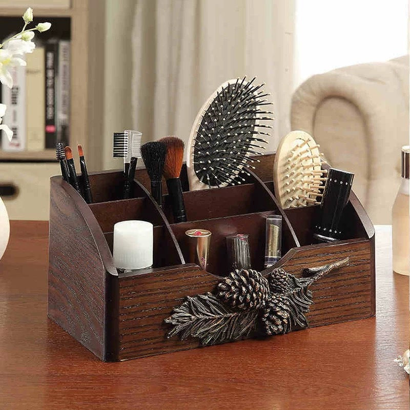 Walnut Storage Box Retro Elegant Rotating Cosmetic Skincare Vanity Desktop Organizer Shelf