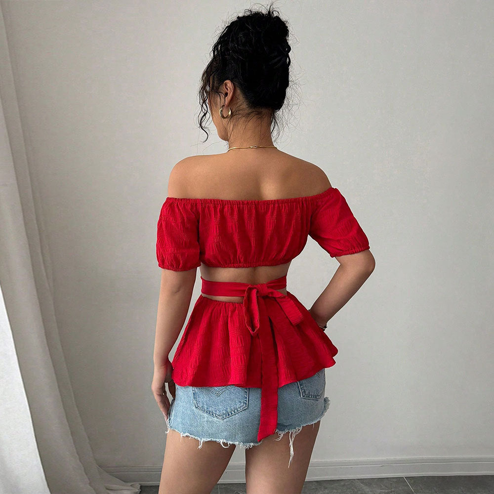 Sexy One Collar Off Shoulder T-shirt with Summer Hollow out Skincare Short Top