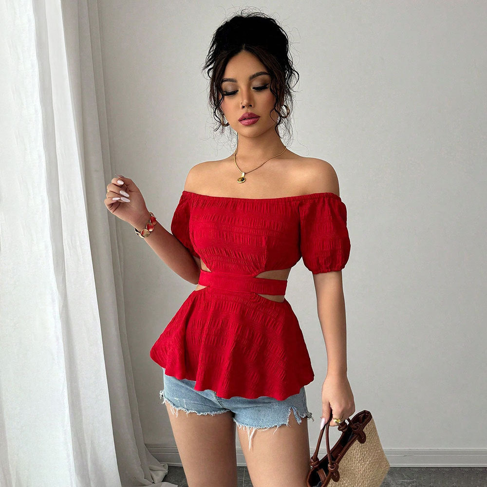 Sexy One Collar Off Shoulder T-shirt with Summer Hollow out Skincare Short Top