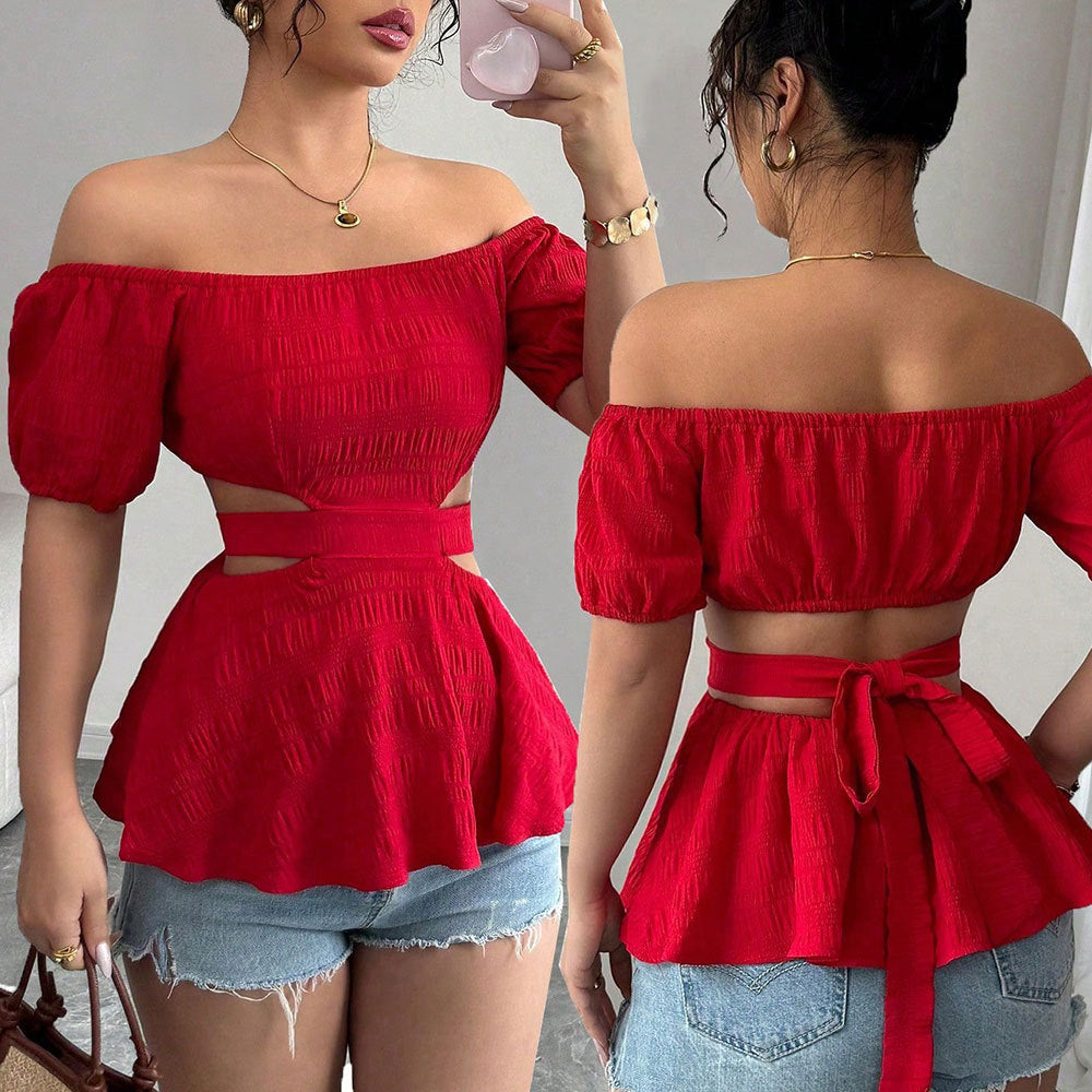 Sexy One Collar Off Shoulder T-shirt with Summer Hollow out Skincare Short Top