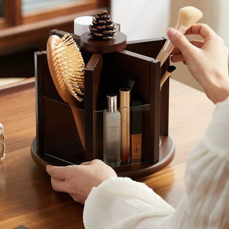 Walnut Storage Box Retro Elegant Rotating Cosmetic Skincare Vanity Desktop Organizer Shelf