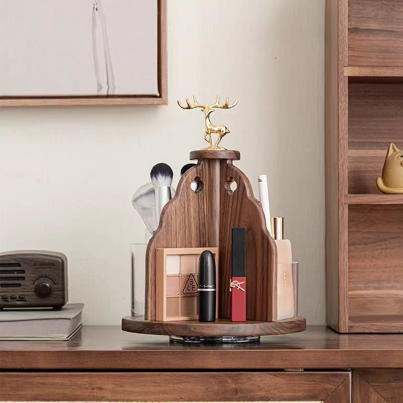 Walnut Storage Box Retro Elegant Rotating Cosmetic Skincare Vanity Desktop Organizer Shelf